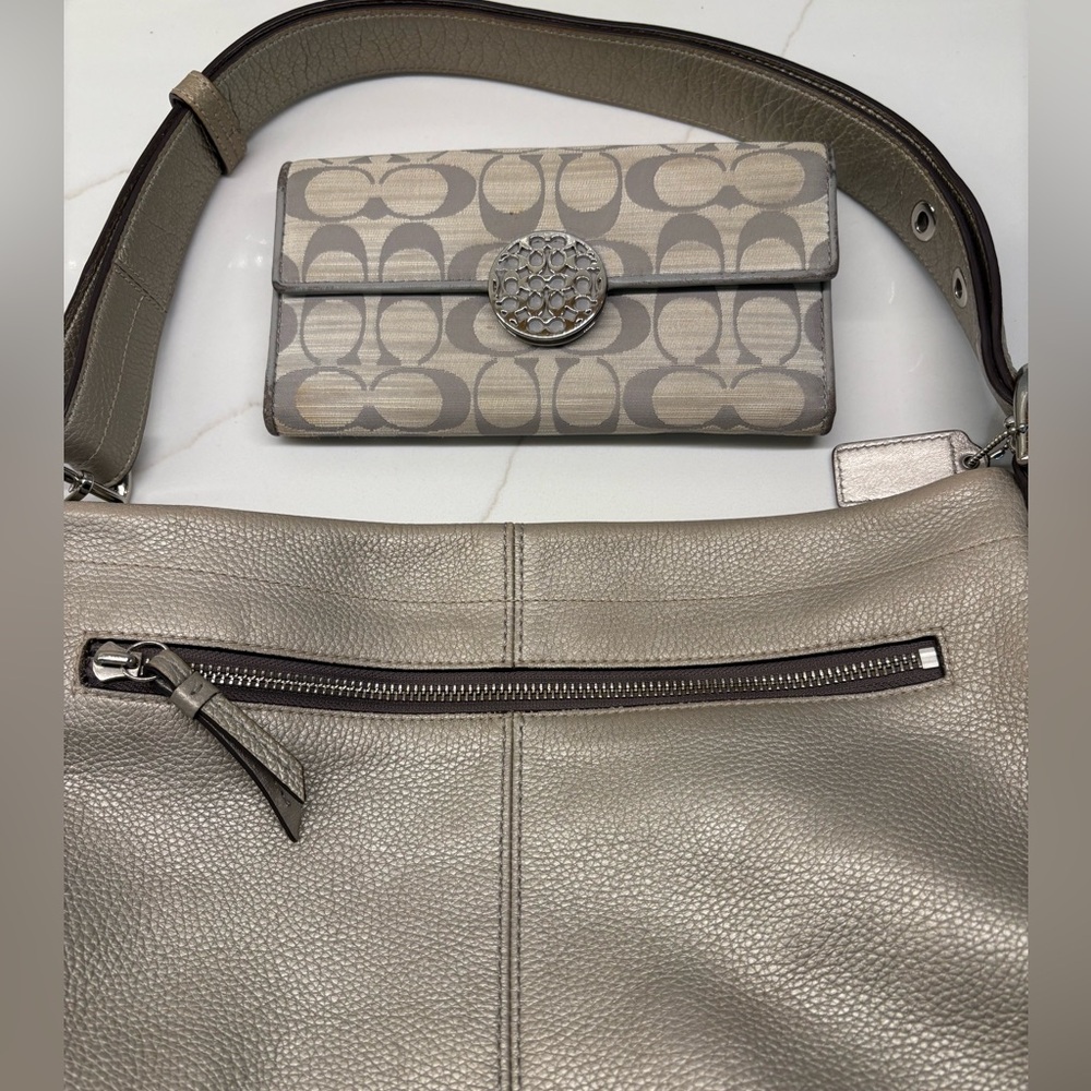 COACH silver metallic pebble leather tote. Coach wallet included.